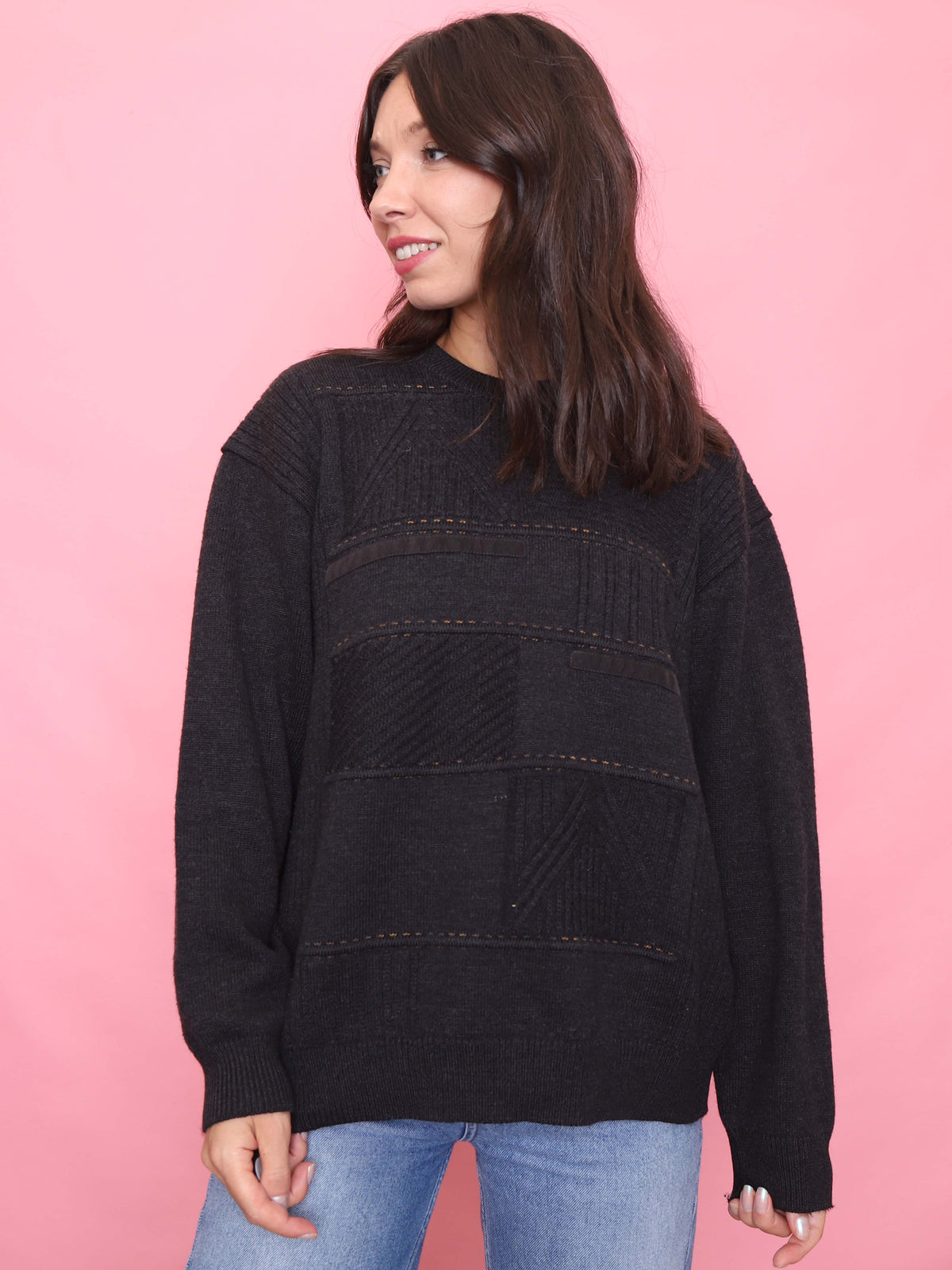 Vintage Dark Grey Geometric Patchwork Pattern Knit Jumper
