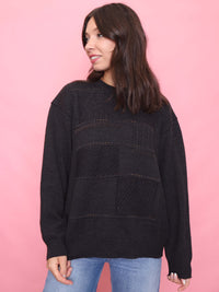 Vintage Dark Grey Geometric Patchwork Pattern Knit Jumper