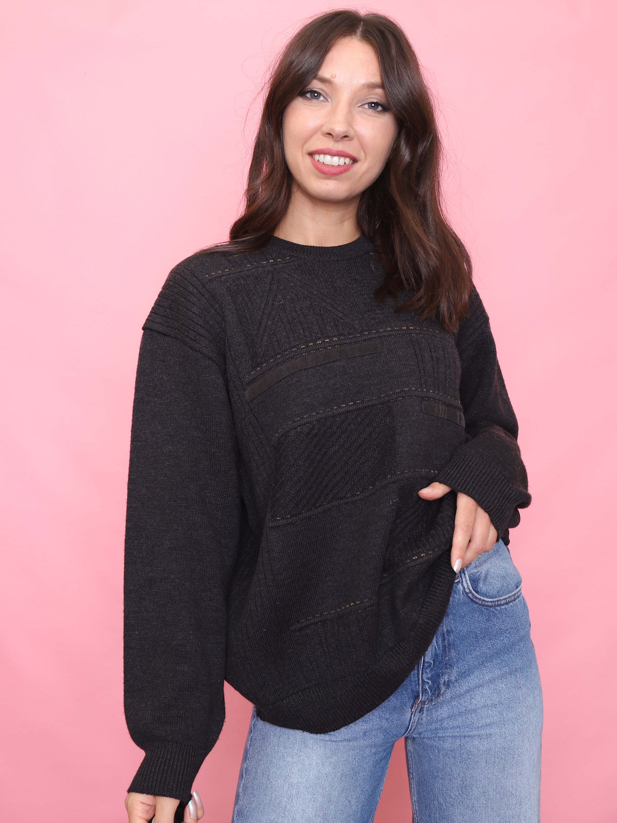 Vintage Dark Grey Geometric Patchwork Pattern Knit Jumper