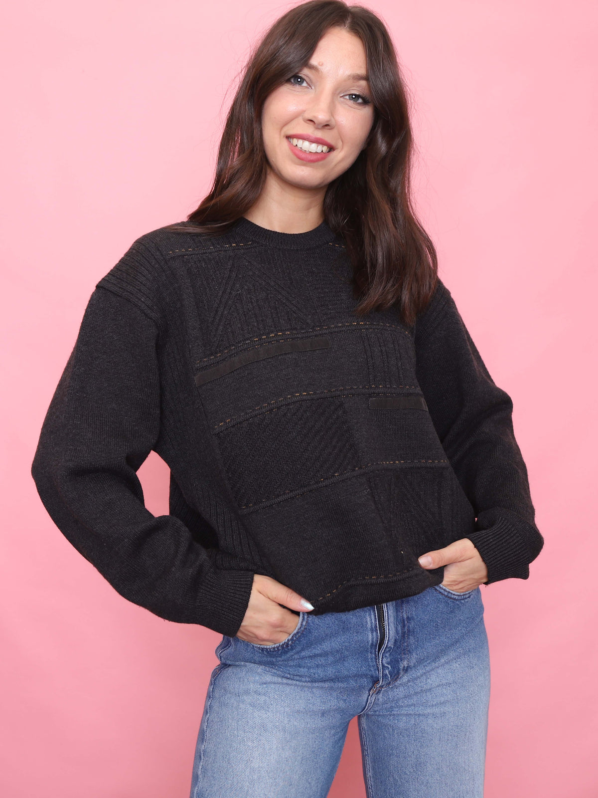 Vintage Dark Grey Geometric Patchwork Pattern Knit Jumper