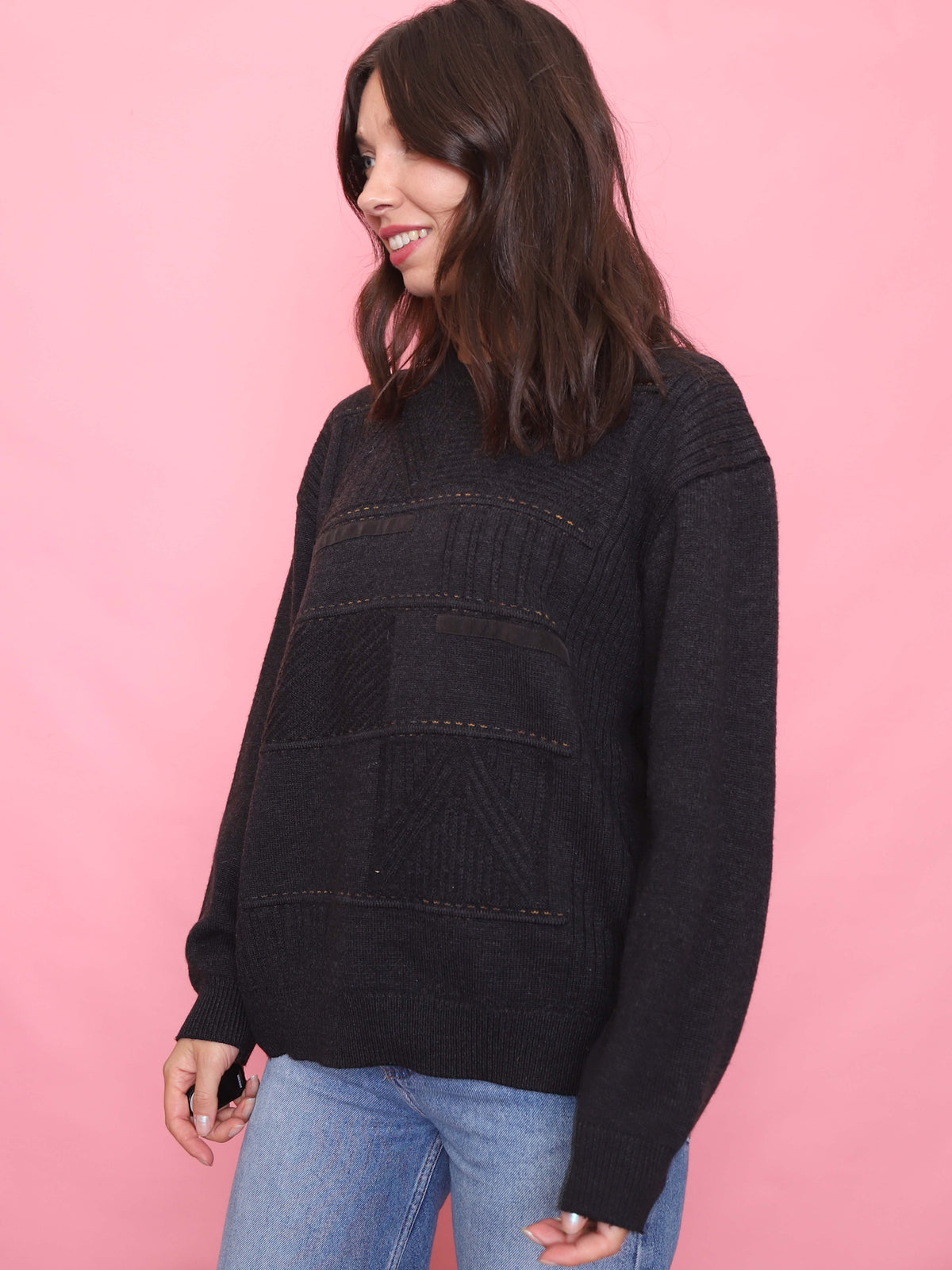 Vintage Dark Grey Geometric Patchwork Pattern Knit Jumper
