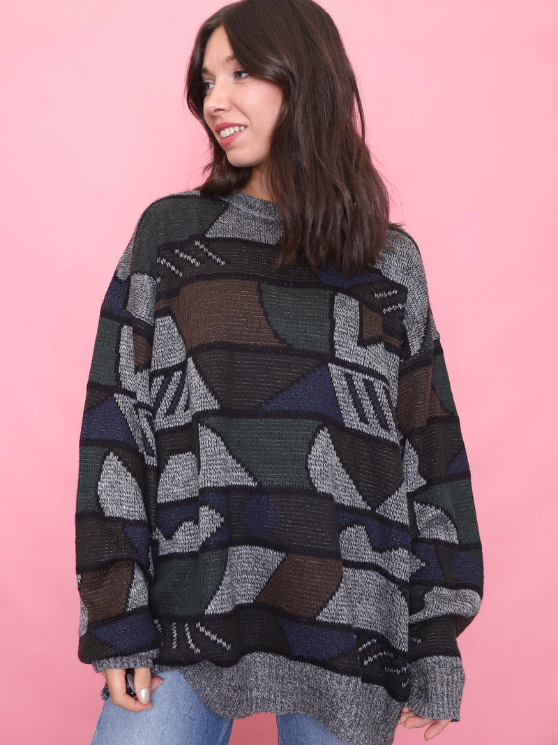 Vintage Abstract Knit Jumper - Oversized 90s Geometric Pattern Sweater