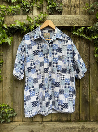 Vintage Patchwork Print Shirt | Blue Pattern Short Sleeve