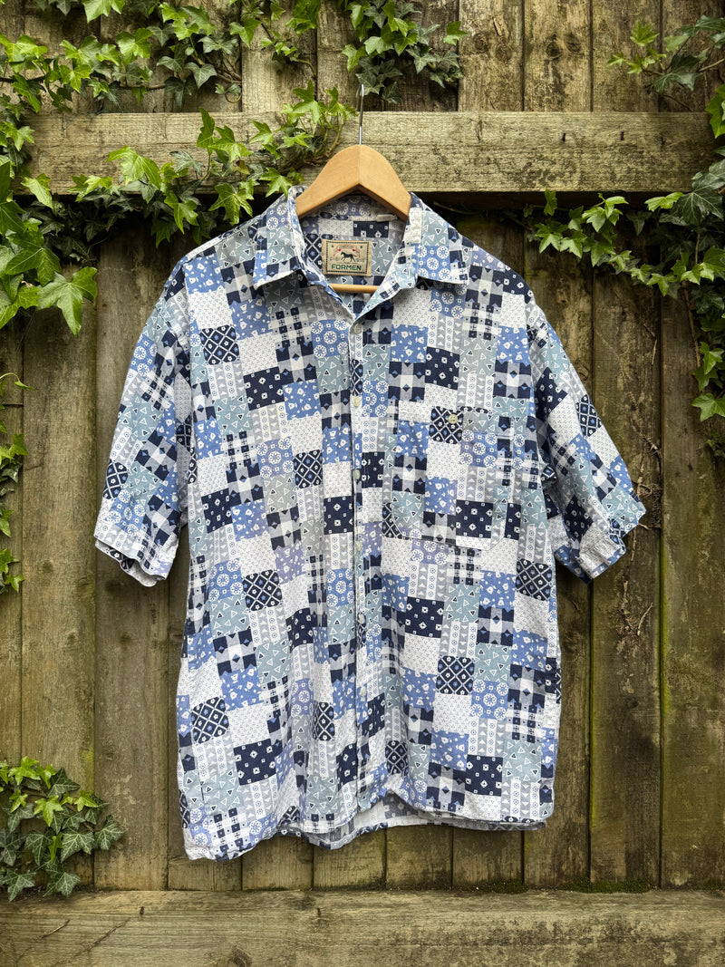 Vintage Patchwork Print Shirt | Blue Pattern Short Sleeve