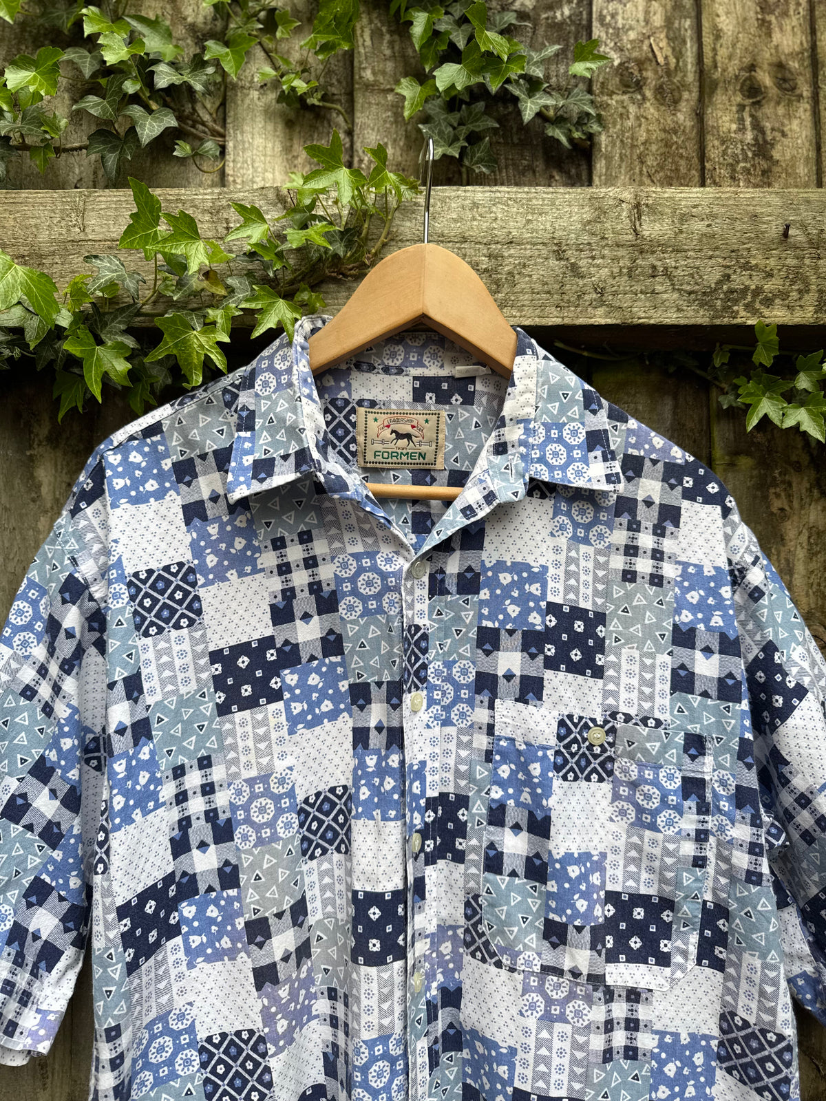 Vintage Patchwork Print Shirt | Blue Pattern Short Sleeve