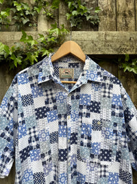 Vintage Patchwork Print Shirt | Blue Pattern Short Sleeve