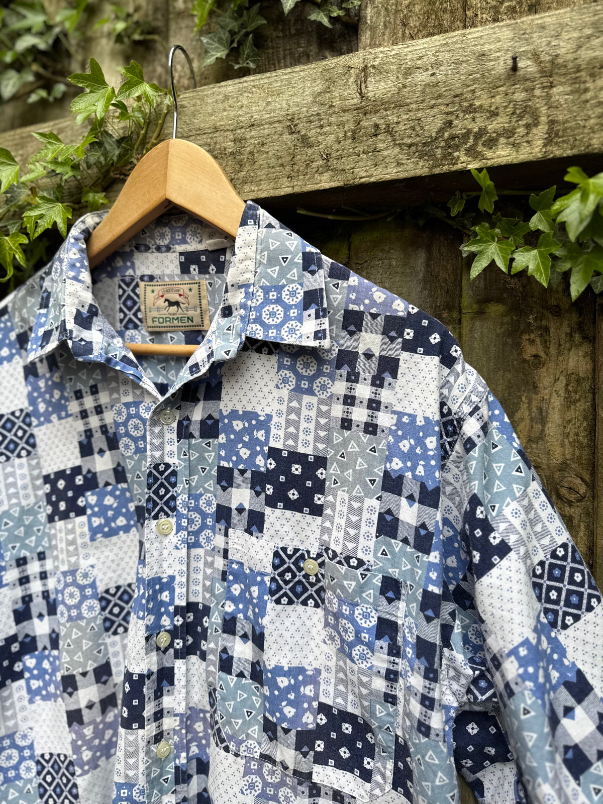 Vintage Patchwork Print Shirt | Blue Pattern Short Sleeve