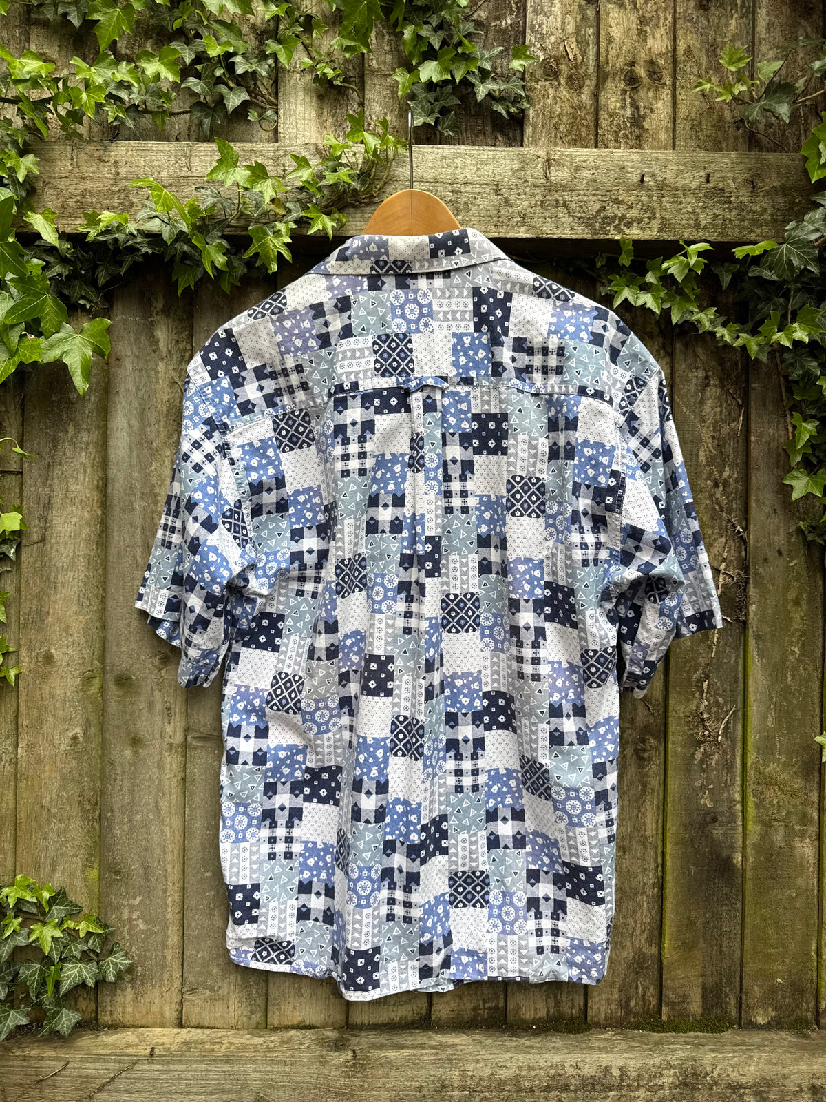 Vintage Patchwork Print Shirt | Blue Pattern Short Sleeve
