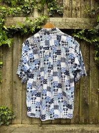 Vintage Patchwork Print Shirt | Blue Pattern Short Sleeve