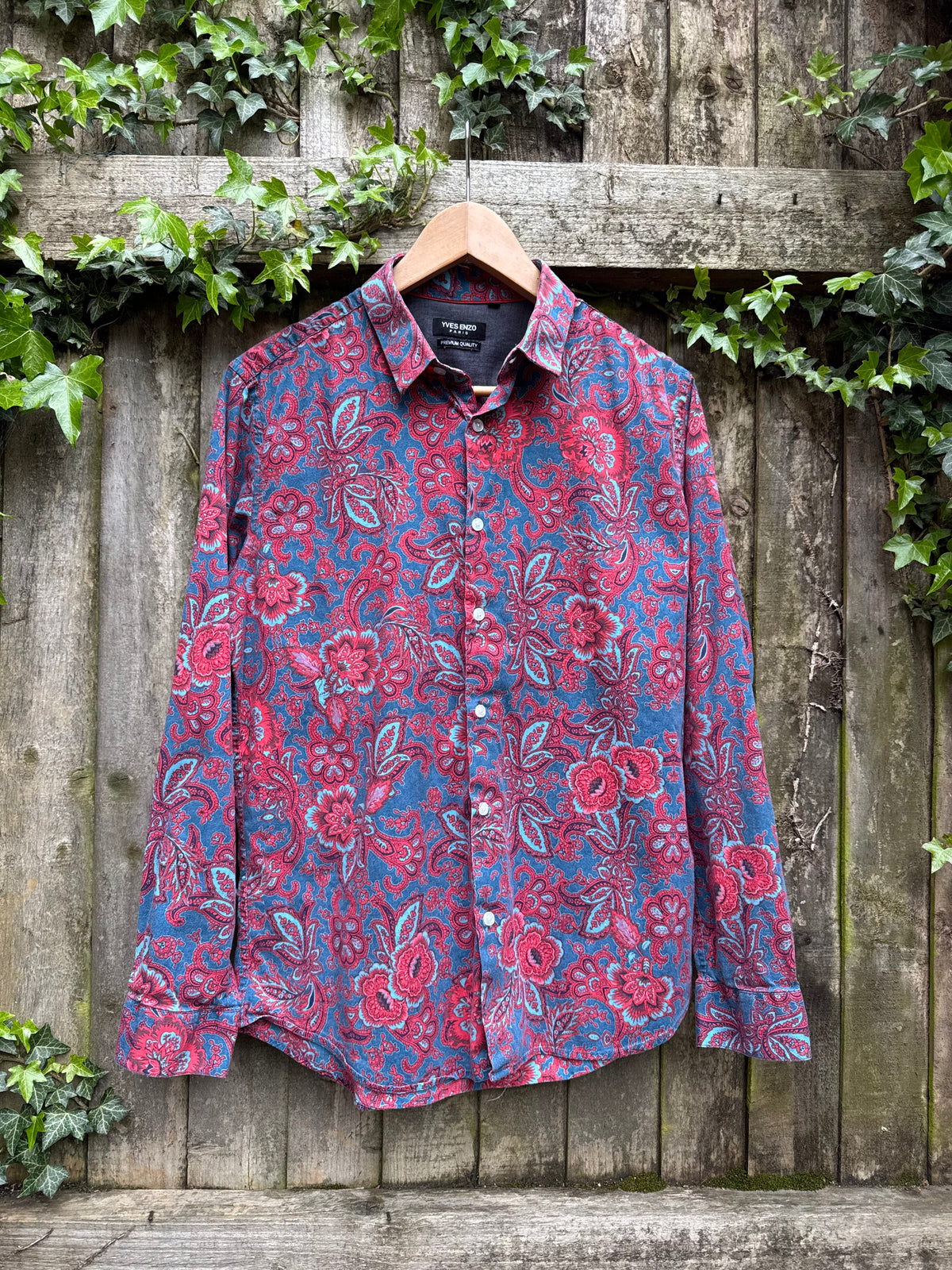 Vintage Paisley Pattern Long Sleeve Shirt | Floral Print Blue & Red