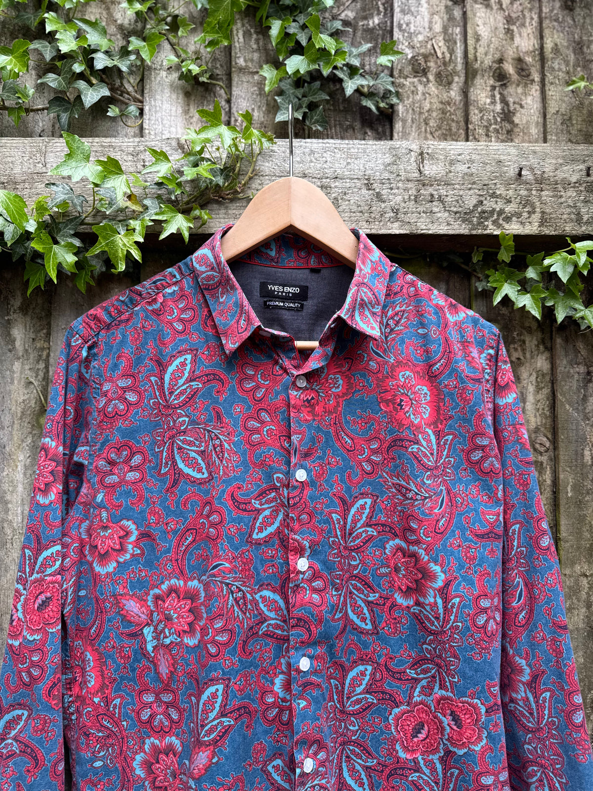 Vintage Paisley Pattern Long Sleeve Shirt | Floral Print Blue & Red
