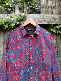 Vintage Paisley Pattern Long Sleeve Shirt | Floral Print Blue & Red