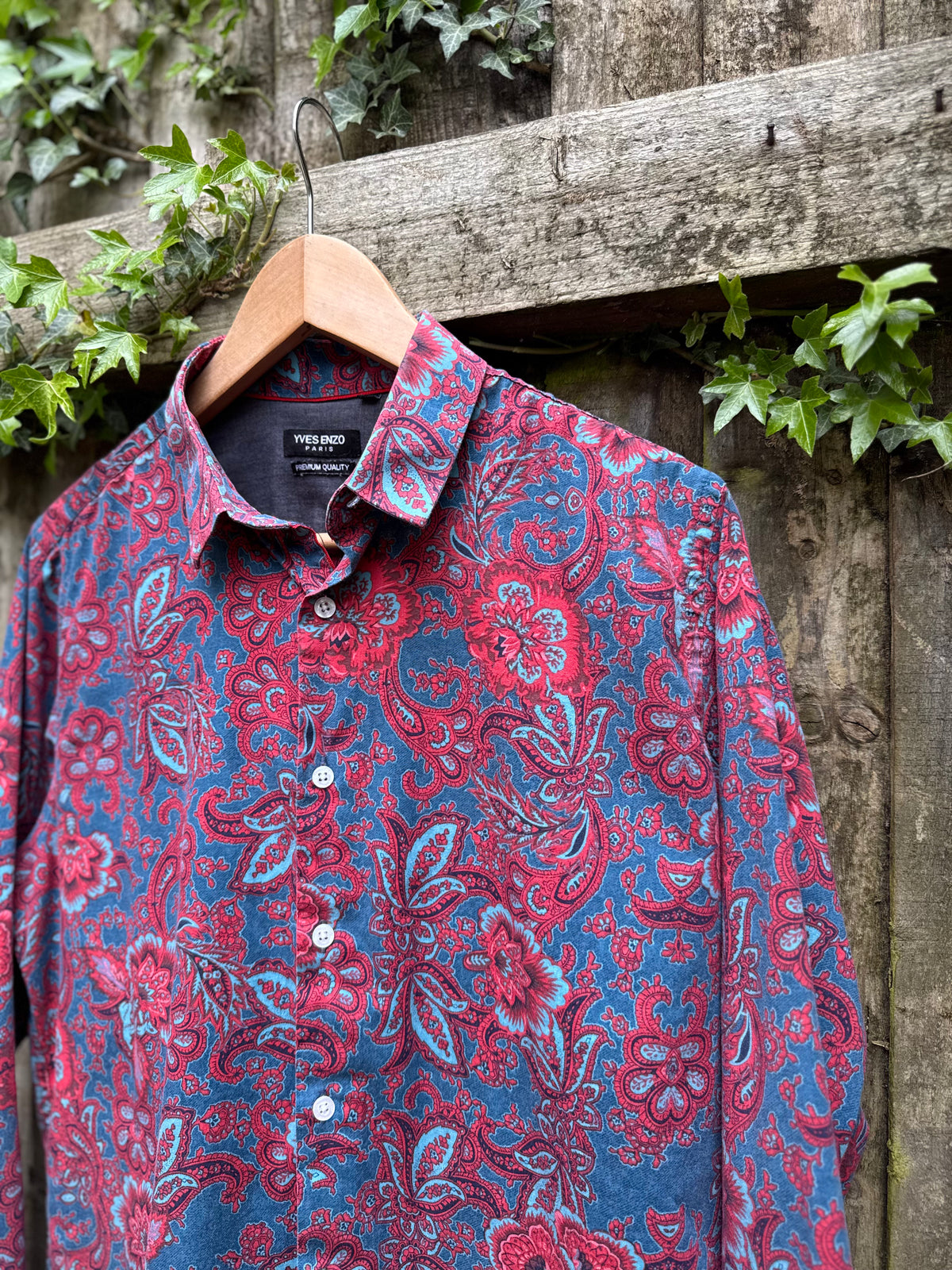 Vintage Paisley Pattern Long Sleeve Shirt | Floral Print Blue & Red