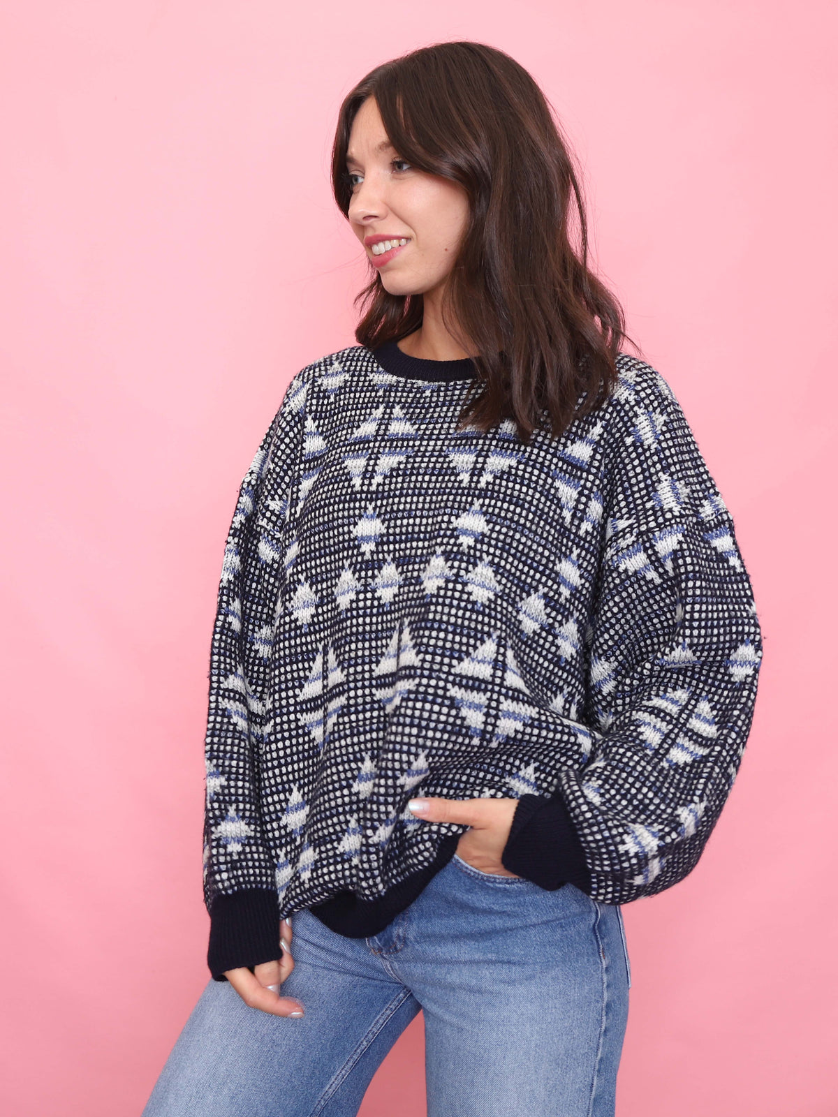 Vintage Navy Geometric Knit Jumper