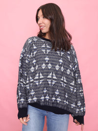 Vintage Navy Geometric Knit Jumper