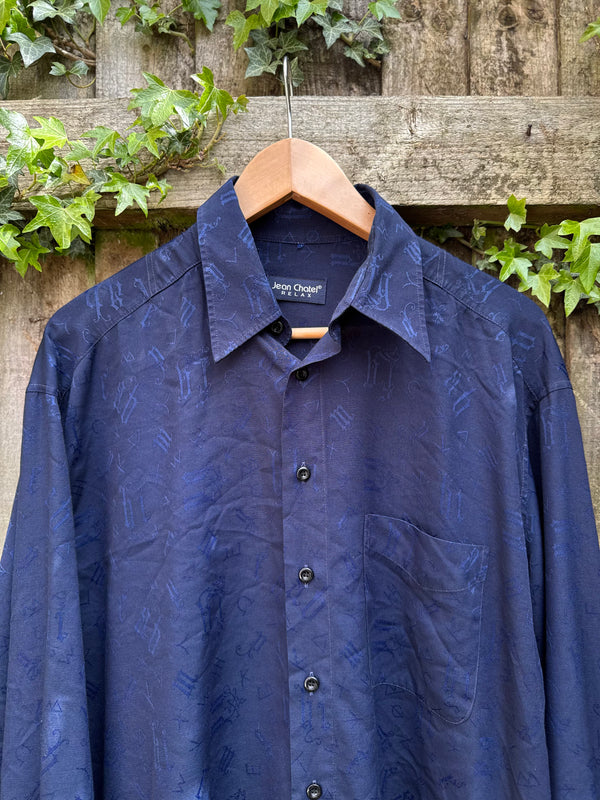 Vintage Abstract Pattern Shirt | Navy Minimal Print Long Sleeve