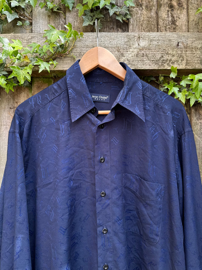 Vintage Abstract Pattern Shirt | Navy Minimal Print Long Sleeve