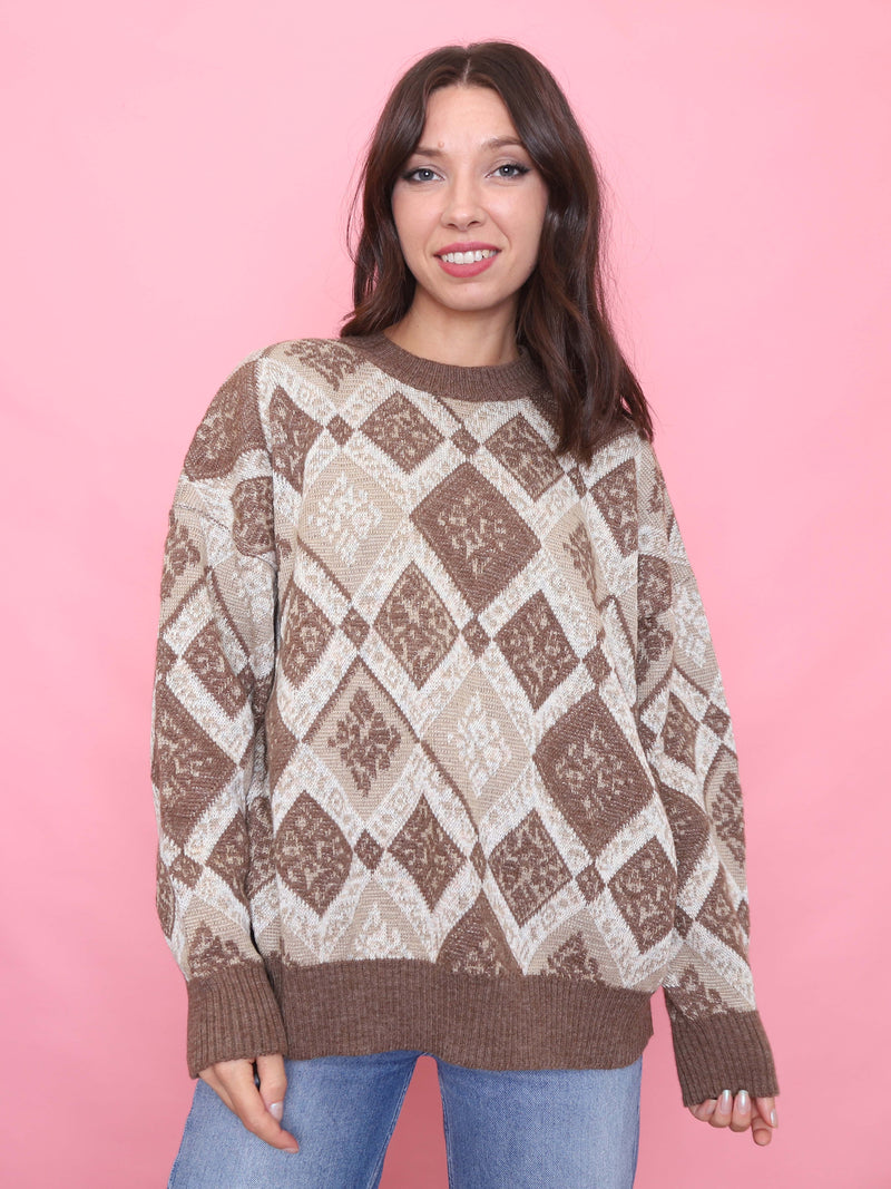 Vintage Brown Diamond Pattern Knit Jumper