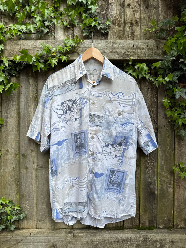 Vintage Abstract Sketch Print Shirt | Washed Blue Graphic Short Sleeve