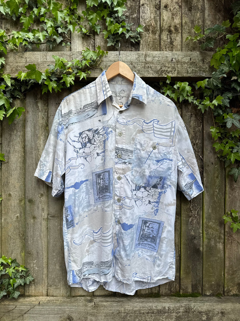 Vintage Abstract Sketch Print Shirt | Washed Blue Graphic Short Sleeve