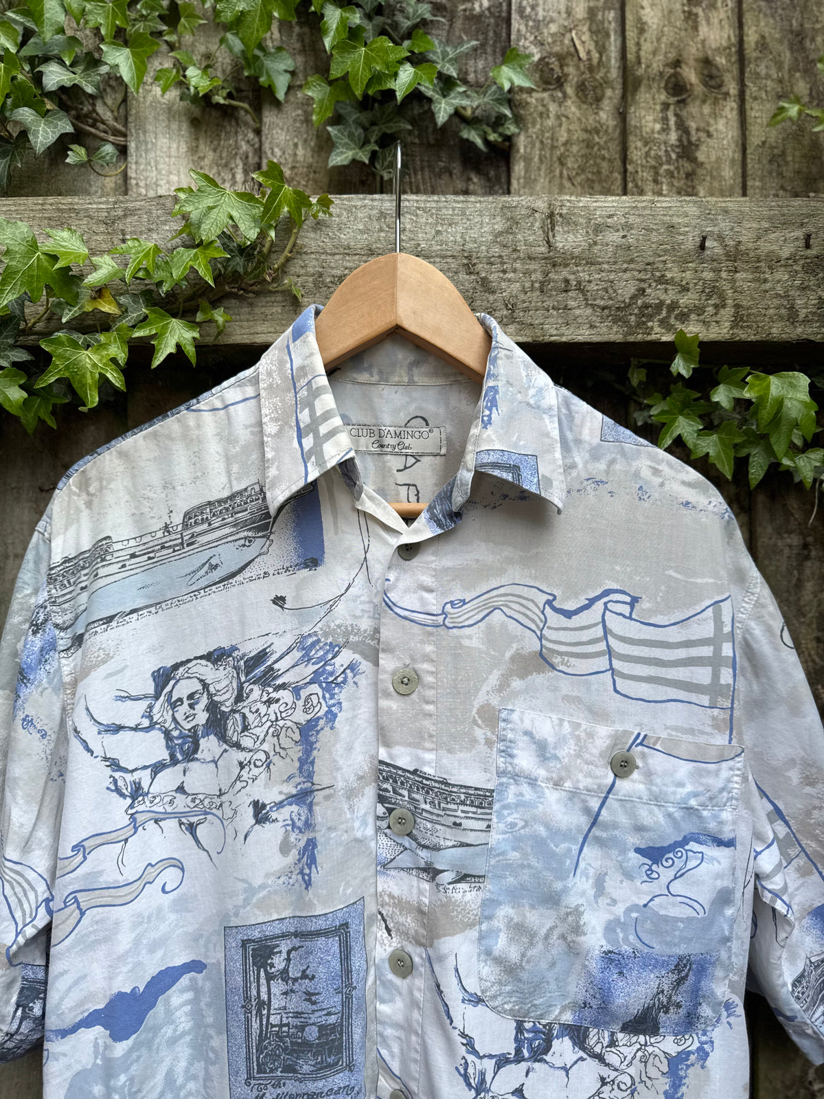 Vintage Abstract Sketch Print Shirt | Washed Blue Graphic Short Sleeve