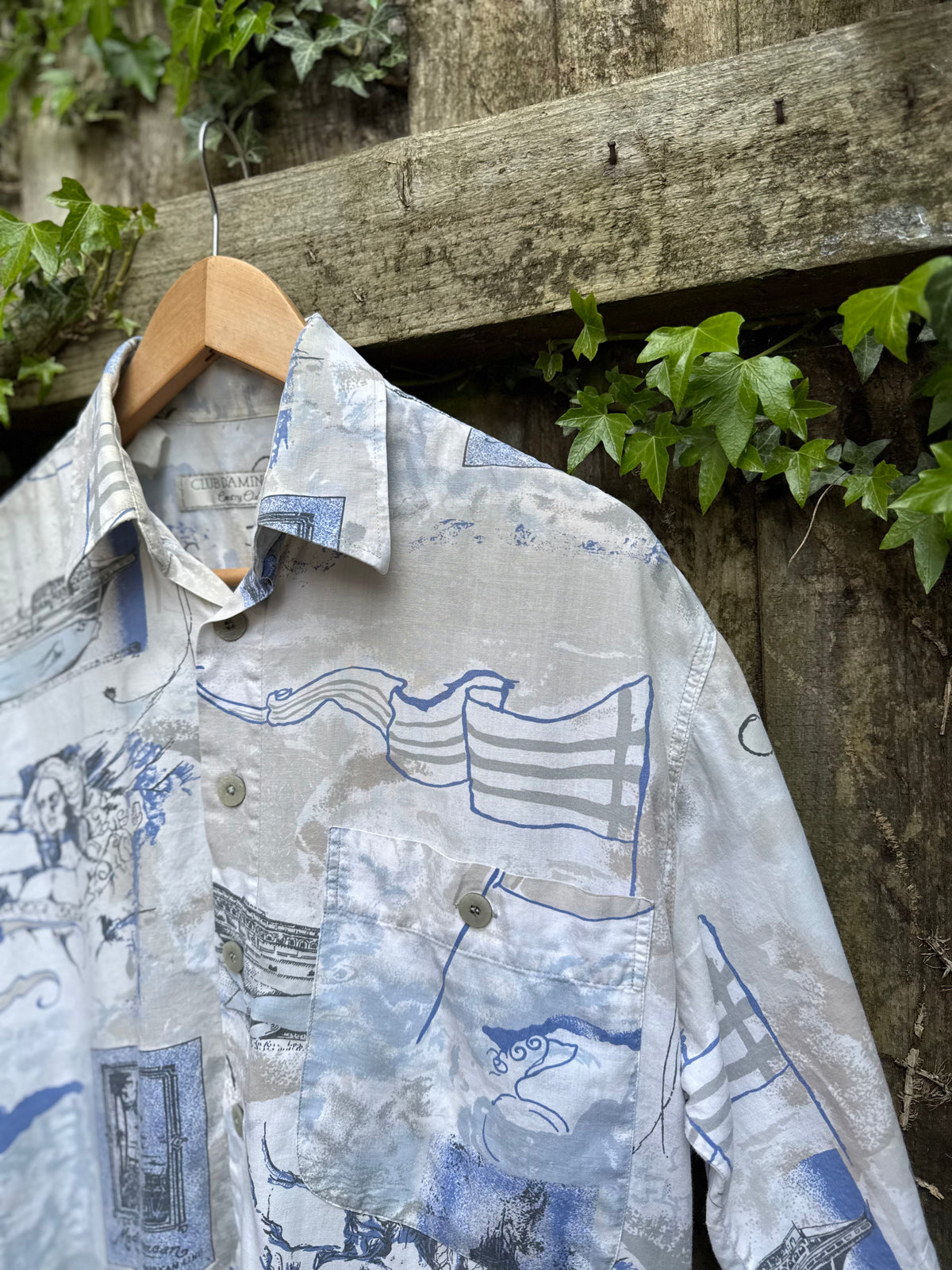 Vintage Abstract Sketch Print Shirt | Washed Blue Graphic Short Sleeve
