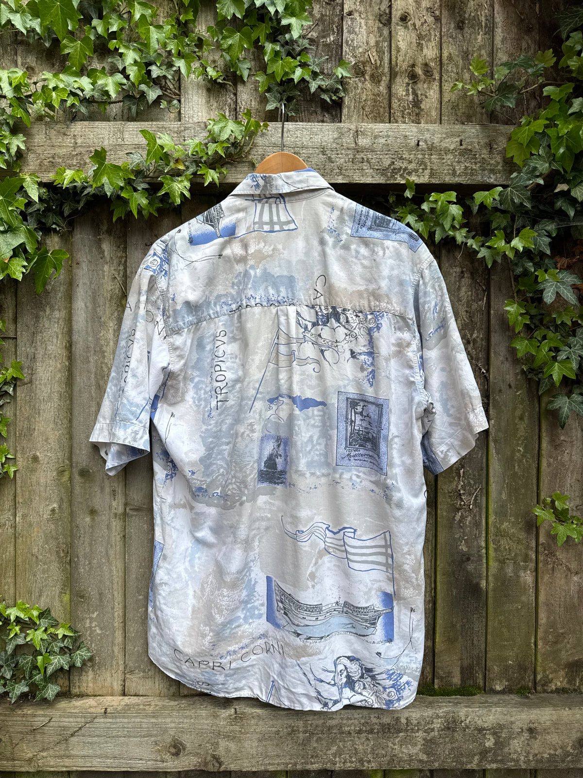 Vintage Abstract Sketch Print Shirt | Washed Blue Graphic Short Sleeve