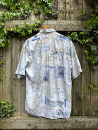 Vintage Abstract Sketch Print Shirt | Washed Blue Graphic Short Sleeve
