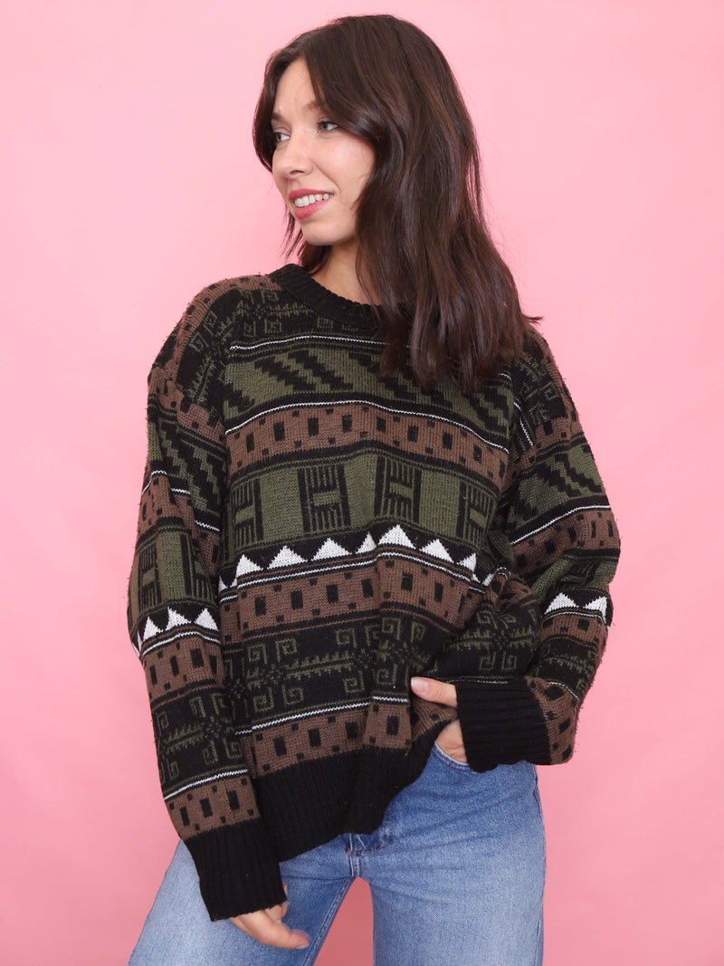 Vintage Abstract Geometric Patterned Knitted Jumper