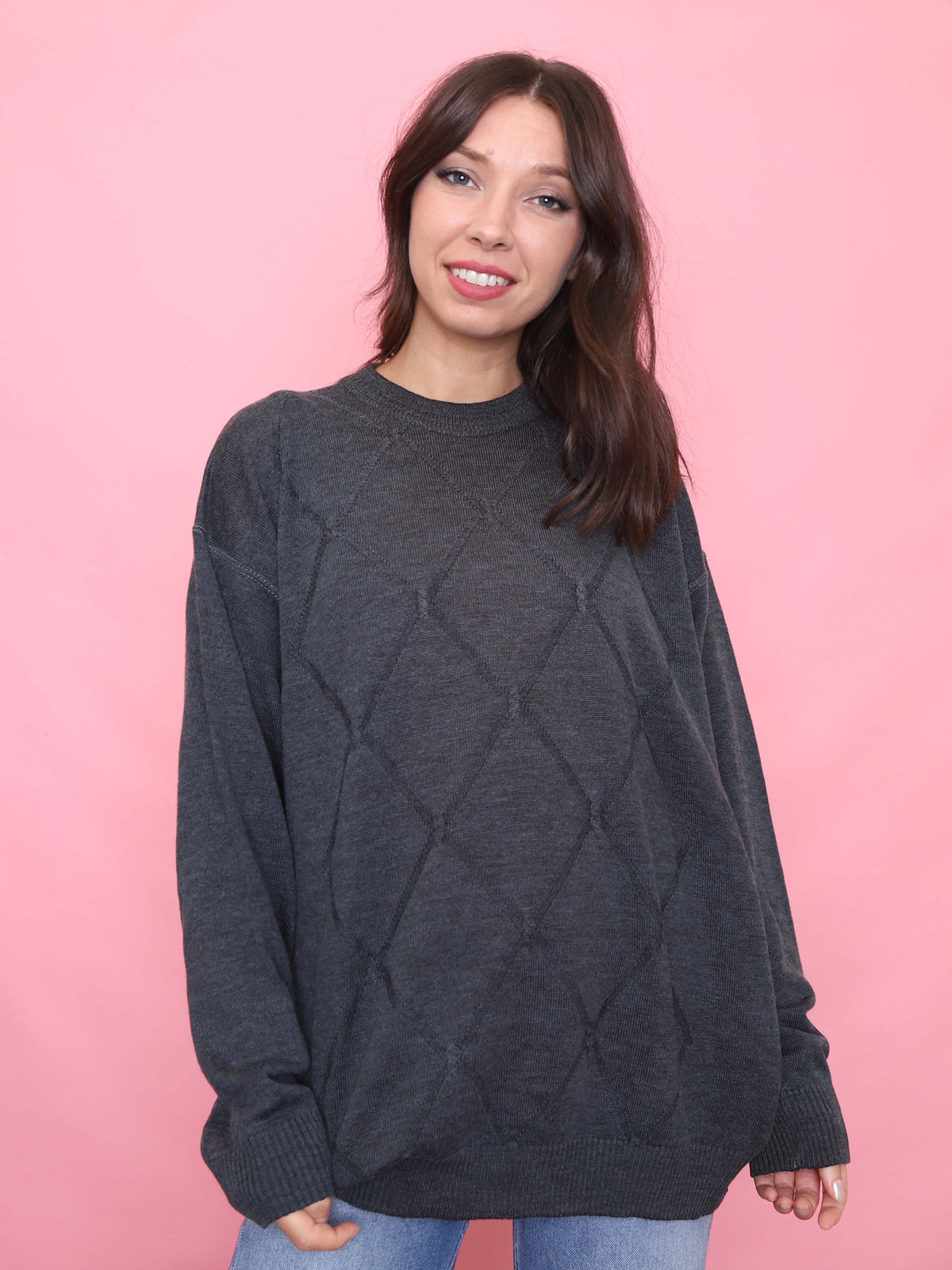 Vintage Dark Grey Diamond Knit Jumper