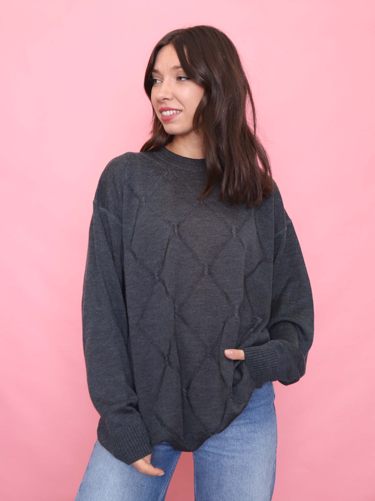 Vintage Dark Grey Diamond Knit Jumper