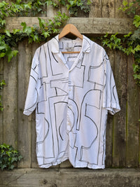 Retro Abstract Line Art Shirt | White & Black Geometric Pattern Short Sleeve