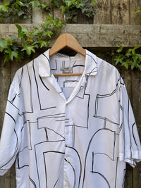 Retro Abstract Line Art Shirt | White & Black Geometric Pattern Short Sleeve