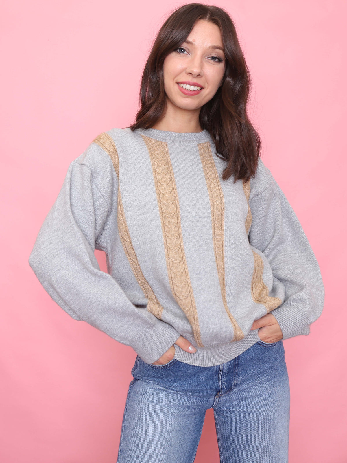 Vintage Grey & Beige Cable Knit Jumper