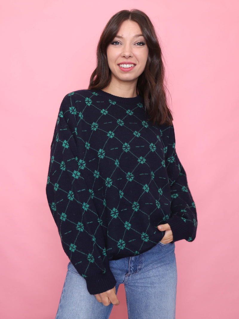 Vintage Navy & Green Pattern Knit Jumper