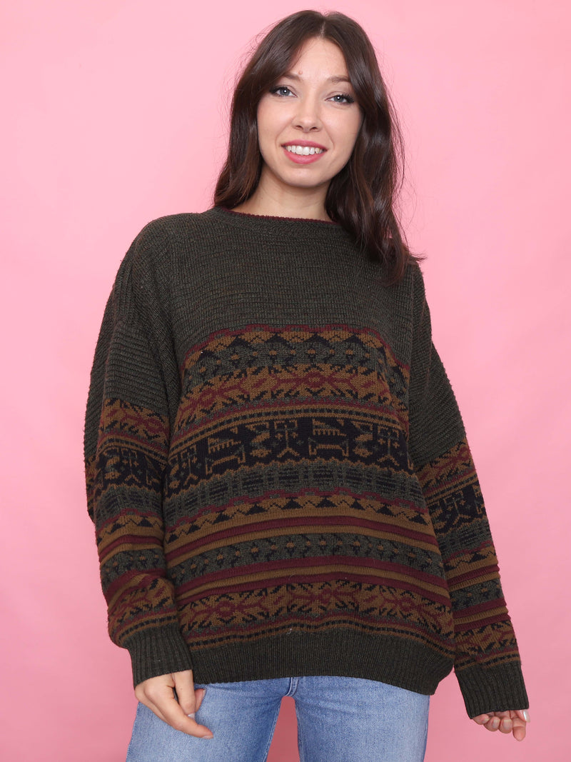 Vintage Forest Green Pattern Knit Jumper