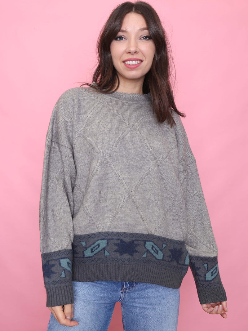Vintage Diamond Knit Jumper with Aztec Style Border