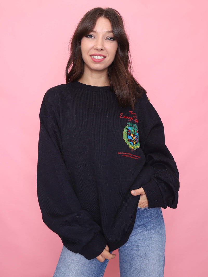 Vintage Navy Crest Knit Jumper with Gold Shoulder Buttons
