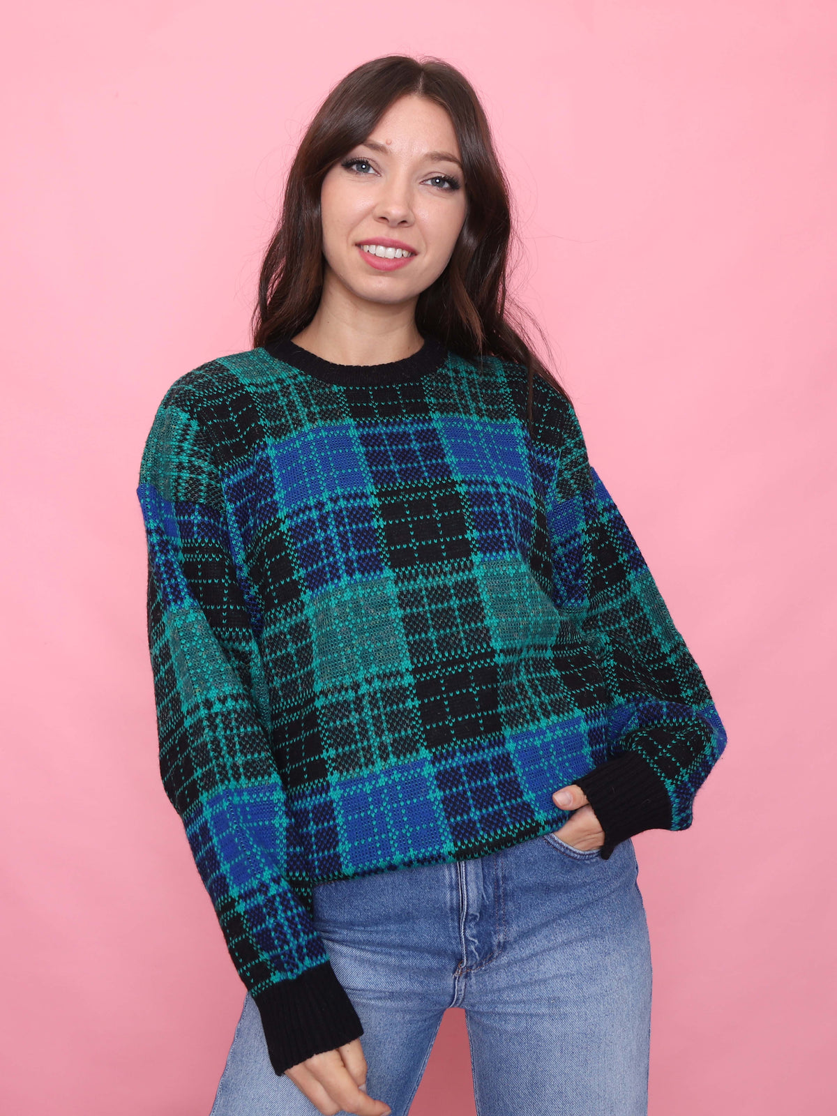 Vintage Blue & Green Tartan Knit Jumper