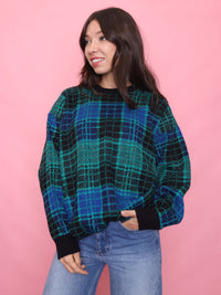 Vintage Blue & Green Tartan Knit Jumper