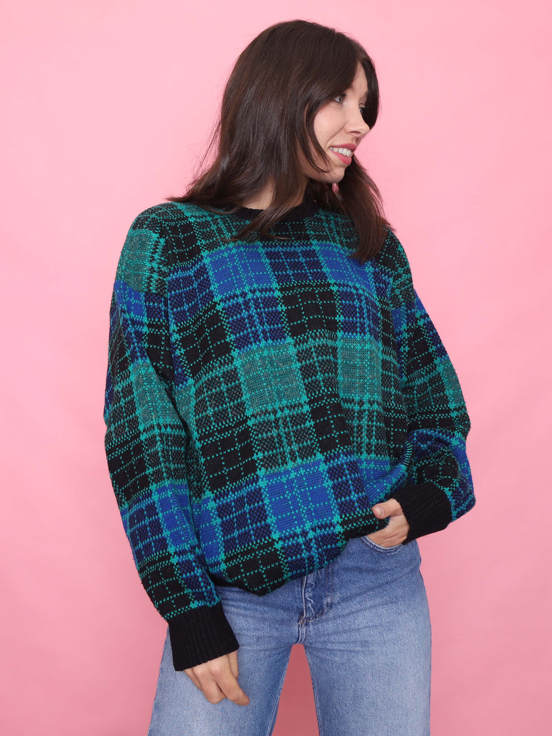 Vintage Blue & Green Tartan Knit Jumper