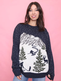 Vintage Alpine Ski Scene Mountain Print Jumper