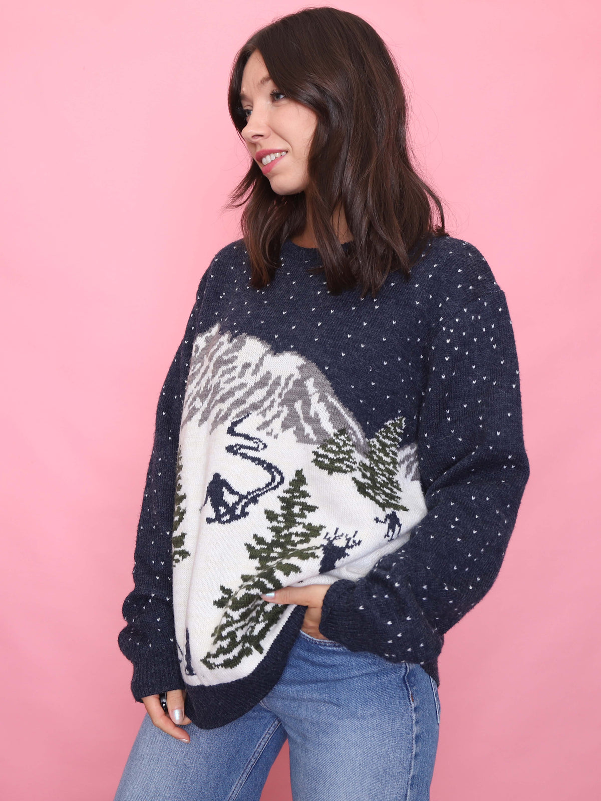 Vintage Alpine Ski Scene Mountain Print Jumper