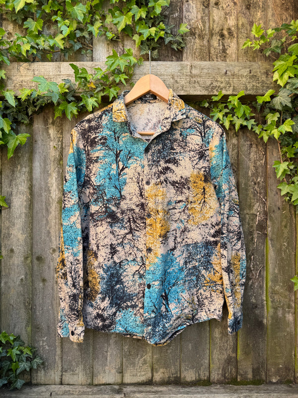 Vintage Abstract Print Shirt | Teal Ochre Pattern Long Sleeve