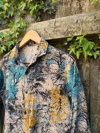 Vintage Abstract Print Shirt | Teal Ochre Pattern Long Sleeve