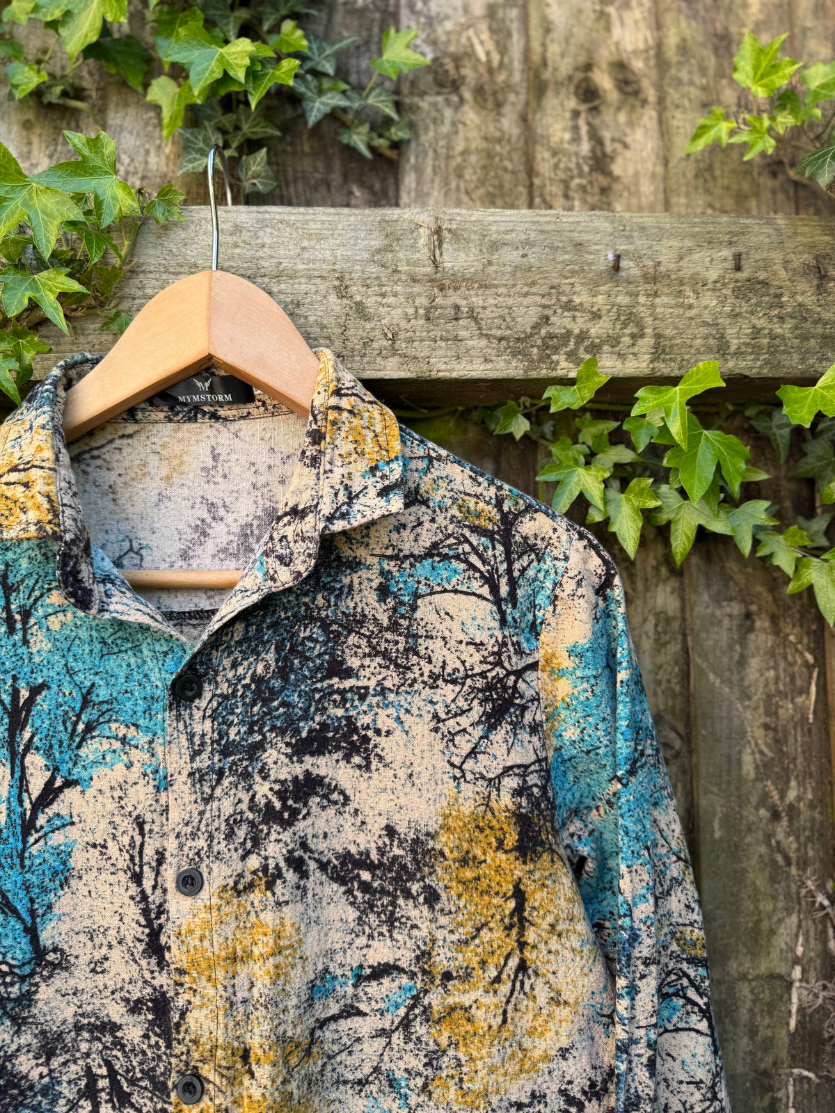Vintage Abstract Print Shirt | Teal Ochre Pattern Long Sleeve