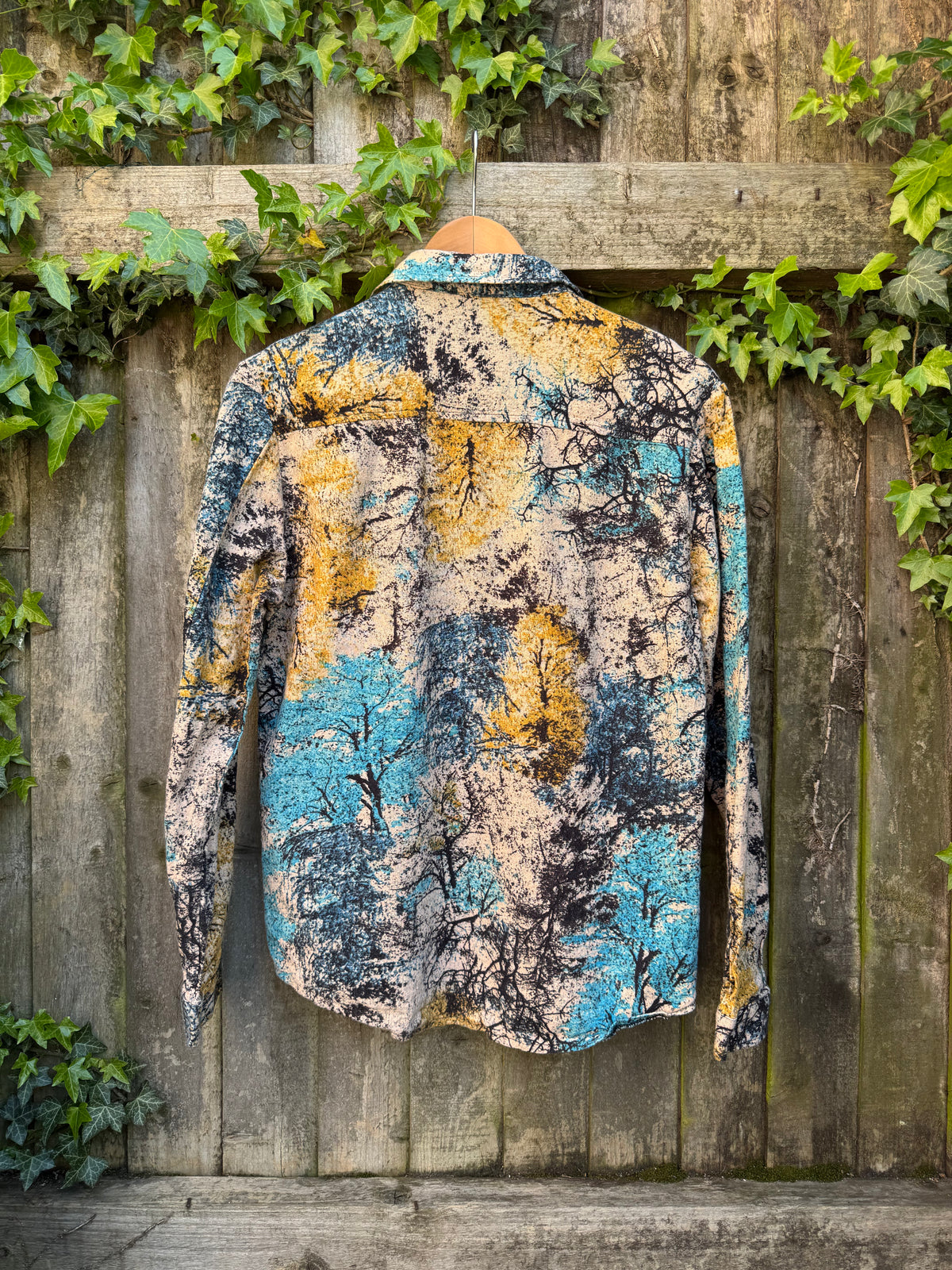 Vintage Abstract Print Shirt | Teal Ochre Pattern Long Sleeve