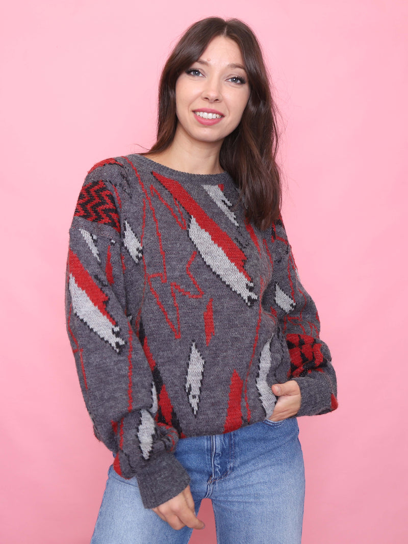 Vintage Charcoal Red Abstract Knit Jumper