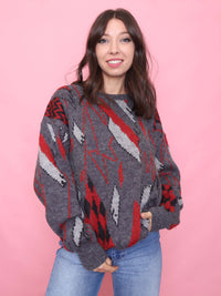 Vintage Charcoal Red Abstract Knit Jumper