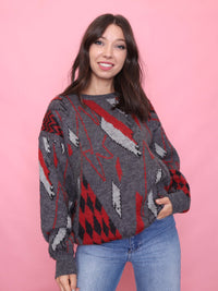 Vintage Charcoal Red Abstract Knit Jumper